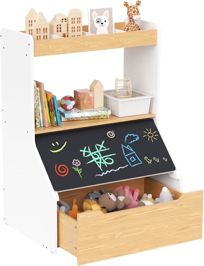 KORIMEFA 37.4" Tall Toy Box & Chalkboard Lid Wood Toddler Bookcase and Kid Toy Storage Bin & Organizer, White