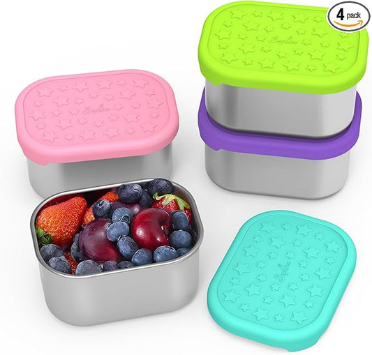 SOPHICO Stainless Steel Snack Containers for Kids, 8 oz Small Food Storage Container 1 Cup with Silicone Lid - Perfect 304 Metal Toddler Lunch Box for Daycare and School, Leak Proof (MIX, 4 PACK)