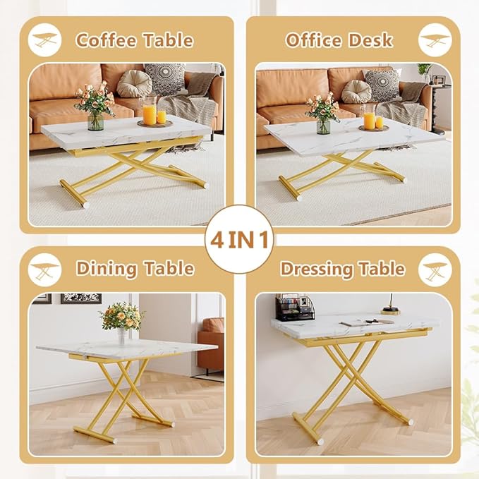 4 in 1 Folding Dining Table with Adjustable Lift Top & Wheels, Multi-Function Coffee Table to Dining Table for Apartments, Kitchens, Living Rooms, Scratch-Resistant & Easy Assembly