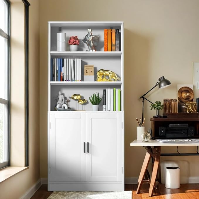 75" Tall Bookcase with Doors, 5 Tier Large Bookshelf with Cabinet, Standing Wood Display Book Shelf for Living Room, Office, Library with Doors, White
