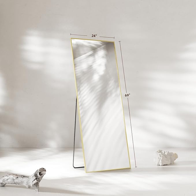 69"x24" Full Length Mirror, Gold Tempered Glass Rectangle Floor Standing Mirrors, Wall Mounted Hanging Aluminum Alloy Frame Bedroom Floor