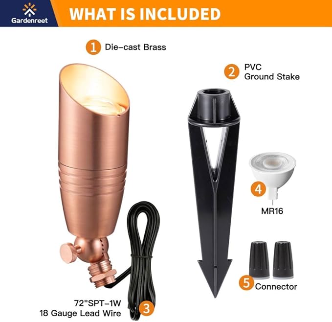 Low Voltage Spot Lights - Solid Brass Landscape Spotlight Wired, 12V Outdoor LED Bullet Uplights, Waterproof Electric Copper for Patio Wall with 5000K Daylight MR16 Bulb (6 Pack)