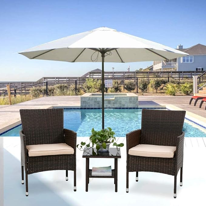 FDW | 3-Piece Patio Furniture Set | Brown | Outdoor Wicker Furniture with Coffee Table | Modern Rattan Chairs Conversation Set | Outdoor Seating | Weather-Resistant | for Porch, Garden, Lawn