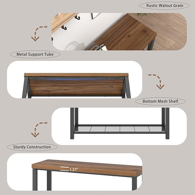 FOLUBAN Modern Entryway Bench - Rustic Wood and Metal Shoe Storage for Hallway Front Door Entrance, Industrial Indoor Seat for Bedroom Living Room, 43 Inch Walnut