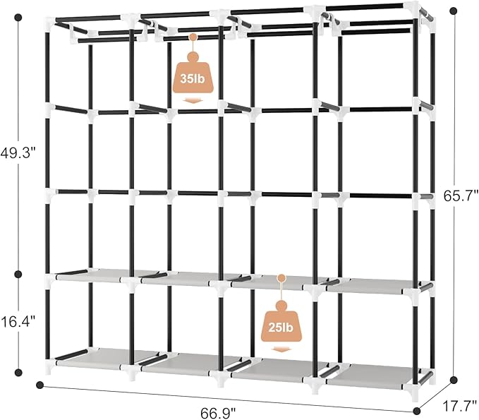 Portable Closet for Hanging Clothes, 67 Inch Wide Portable Wardrobe Closet with Cover, 4 Hanging Rod, Storage Shelves and Side Pockets, Large Free Standing Closet for Bedroom, Printing