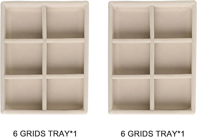Frebeauty Small Jewelry Tray Set,Stackable Velvet Jewelry Organizer Tray,Mini Jewelry Drawer Organizer,Drawer Inserts,4.92 x 3.74 x 0.9 Inches,6 Grid Earring Organizer for Women(Set 2,Beige)