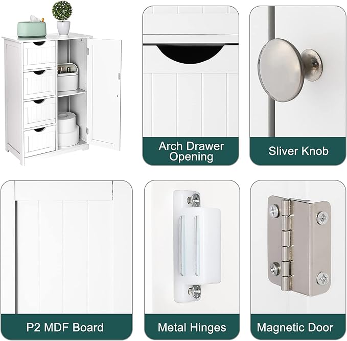 VINGLI White Bathroom Storage Cabinet with 4 Drawers 1 Cupboard Side Storage with Adjustable Shelf, Wood Bathroom Floor Cabinet with Drawers Also for Kitchen, Entryway, Bedroom, 22" Wx11.8 Dx32.3 H