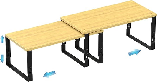 Expandable Kitchen Cabinet Organizer Shelves – Stackable Adjustable Metal and Wood Storage Racks for Countertop, Pantry, Garage Set of 2 Spice Rack – Easy Assembly, Space-Saving(1 Pack/Large/Black)