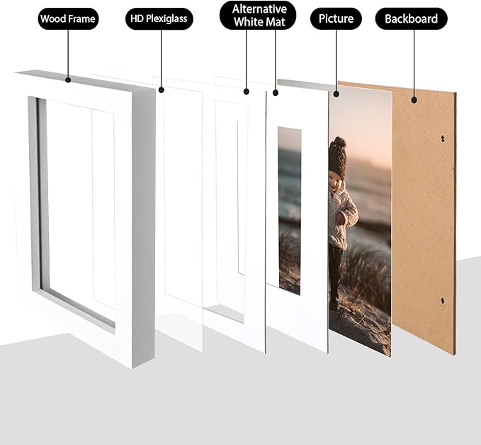 KINLINK A5 Picture Frame, White Solid Wood Frames with Acrylic Plexiglass for Pictures 4x6 with Mat or A5 without Mat, Tabletop and Wall Mounting Display 4 Pack