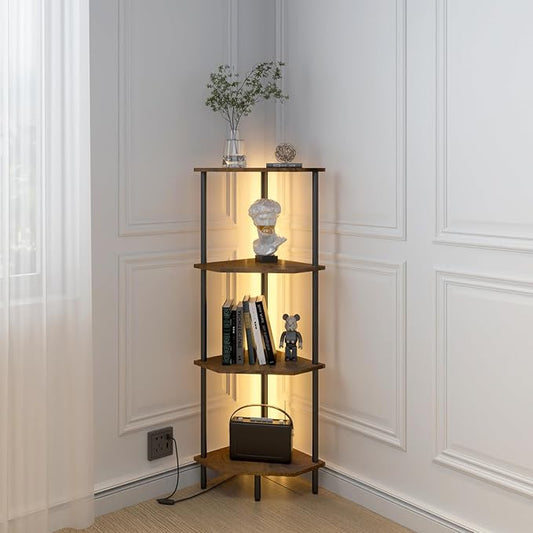 4 Tier Corner Shelf with LED Light,Bookcase for Small Spaces,Display Shelf,Narrow Bookshelf,Plant Stand,Rustic Brown and Black,Suitable for Bedroom,Living Room,Kitchen