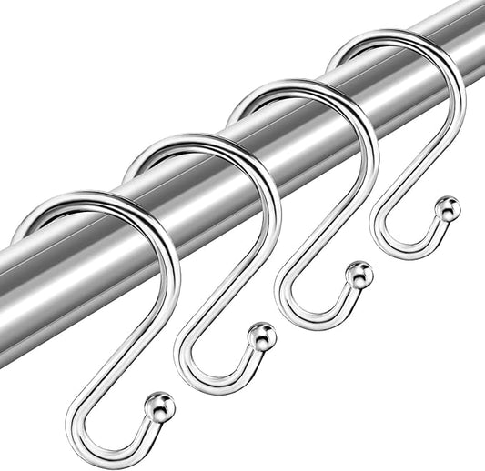 Shower Curtain Hooks Rings, Stainless Steel S Shaped Shower Hooks Rust Proof, Metal Shower Curtain Hangers for Shower Curtains, Kitchen, Wardrobe & Garden, Chrome, Set of 12