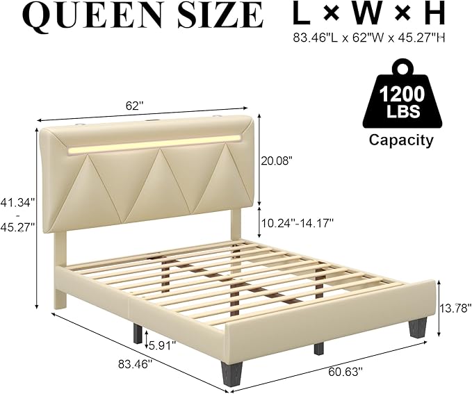 Queen Size Bed Frame with Bluetooth Speaker, LED Lights and Charging Station, Faux Leather Linen Fabric Adjustable Headboard,Modern Upholstered Bed, Wood Slat Support, Easy Assemble, Beige
