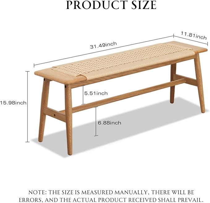31.5'' Woven Dining Beach with 100% Solid Oak Wood Bench Frame, Hand Knitted Rope Designed Bed End Shoe Bench for Kitchen Bedroom Entryway, Beige