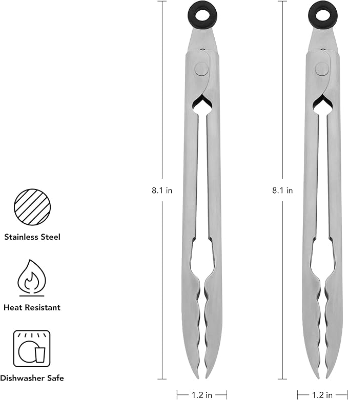 KitchenAid Set of 2 Stainless Steel Tongs with Scalloped Edges Easy Lock Dishwasher Safe Durable and Versatile Silver 7 Inch