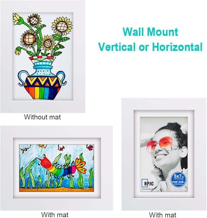 RPJC 5x7 inch Picture Frame Made of Solid Wood and High Definition Glass Display Pictures 4x6 with Mat or 5x7 Without Mat for Wall Mounting Photo Frame White