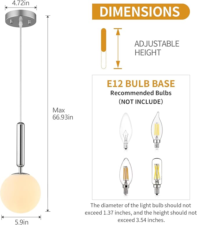 Modern Hanging Light Fixture Pendant Lighting for Kitchen Island Mid Century Chrome Pendant Lights with Globe Milky White Glass Pendant Light for Bedroom Bathroom Entryway (1 Pack)