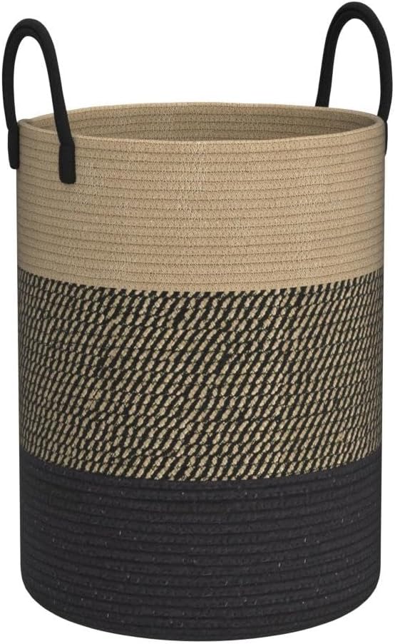 Woven Rope Laundry Hamper Basket, 58L Tall Laundry Basket for Blanket Organizer- Clothes Hamper for Bedroom Storage, Baby Kids Nursery Hamper-Large-Black & Brown