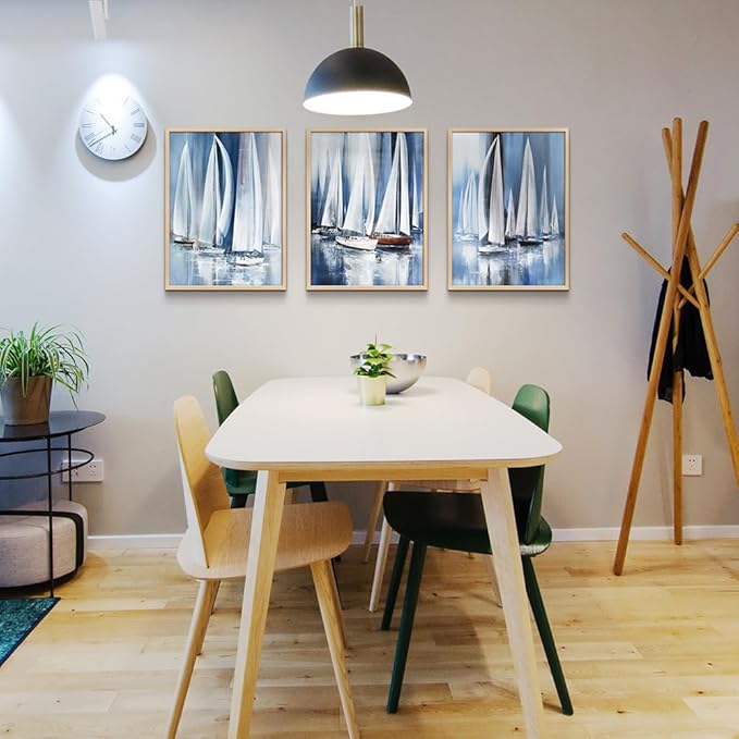 Natural Wood Framed Wall Art For Living Room Wall Deco For Bedroom Office Decor Wall Hanging Decor Abstract Seascape Painting Sailboat Pictures Artwork Home Decorration 3 Piece Framed Art Prints