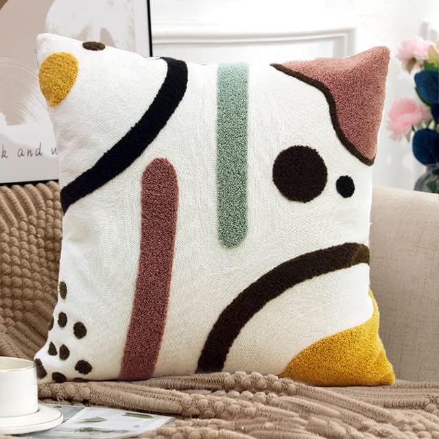Merrycolor Colorful Boho Throw Pillow Covers 18x18 inch Tufted Modern Abstract Line Art Cute Pillows for Bedroom Aesthetic Embroidered Decorative Pillow Cases for Couch Sofa Bedroom Living Room,1PC