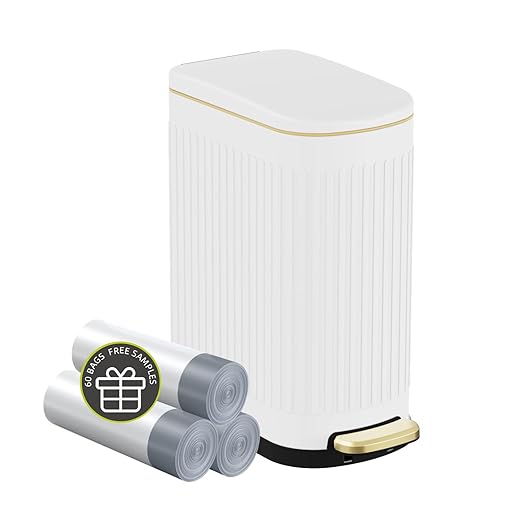 2.6 Gallon Slim Bathroom Trash Can with Soft Close Lid, 10L Stainless Steel Garbage Can with Removable Liner Bucket, for Narrow Spaces, Bathroom, Bedroom (White)