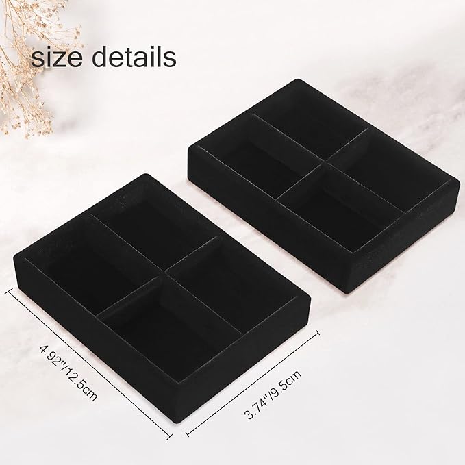 DesignSter Small Jewelry Tray-Ring Organizer 2PCS Premium Velvet Rings Earrings Display Tray Storage Insert Holder for Jewelry Box, Drawer, Dresser (4 Grids, Black)