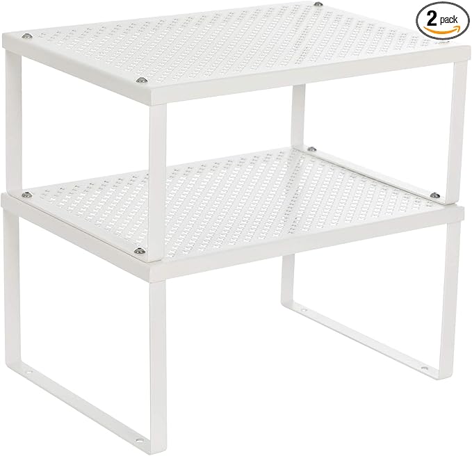 SONGMICS Spice Racks, Set of 2 Metal Cabinet Shelf Organizers, Countertop Organizers, Shelf Risers, Stackable, Expandable, White UKCS01WT