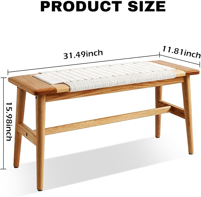 31.5'' Woven Dining Beach with 100% Solid Oak Wood Bench Frame, Hand Knitted Rope Designed Bed End Shoe Bench for Kitchen Bedroom Entryway, White