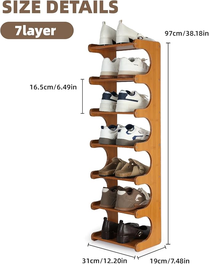 Multi-Tier Bamboo Shoe Rack, 30cm Narrow Standing Shoe Organizer for Closet Entrance, Space Saving Shoe Shelf, Sturdy Shoe Stand for Men and Women（7 Layers）