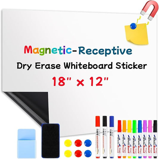 Magnetic Dry Erase Whiteboard 18"x12"- Self-Adhesive Flexible Wall Board Kit with 11 Markers, 6 Magnets, Magnetic Eraser & Holder - Ultra Smooth Writing,Effortless Clean for Office, Home, School