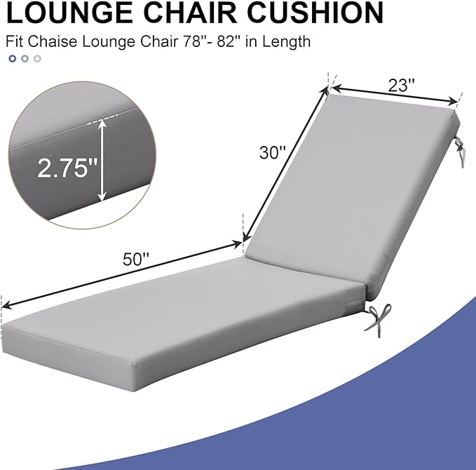 Crestlive Products Chaise Lounge Cushions Outdoor Set of 2, 80x23x3 Inch, Waterproof & 3-Year Fade Resistant Lounge Chair Cushions for Outdoor Furniture, Patio Cushions for Pool, Lawn, Light Gray