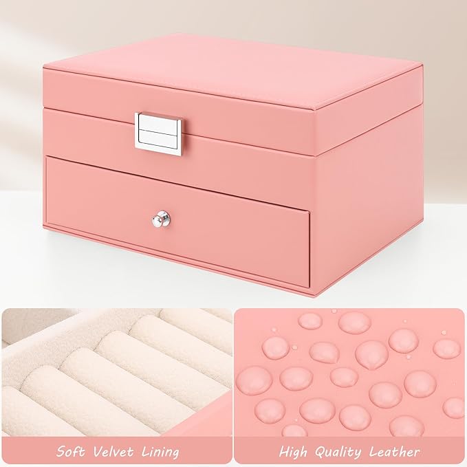 DesignSter Jewelry Organizer Box, 2 Layers Large Jewelry Box with Travel Jewelry Case, Leather Jewelry Storage Case for Rings Earrings Bracelets Necklaces (Pink)