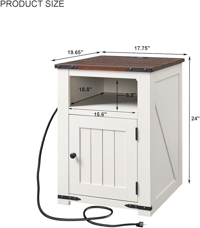 Farmhouse Nightstand with Charging Station, 20" Rustic End Table w/Barn Door, Wood Sofa Side Bedside Table w/Open Shlef & Stroage Cabinet for Bedroom (White)