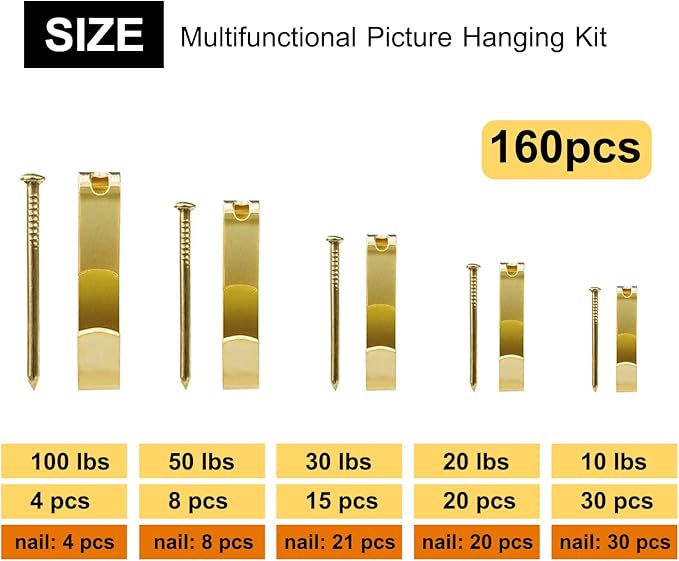 160Pcs Picture Hangers, FUZANWJ Heavy Duty Picture Hanging Kit, Picture Hanging Hooks, Nails for Hanging Picture, Picture Hooks on Wooden Wall / Drywall for Pictures, Canvas, Mirror, Holds 10-100 lbs