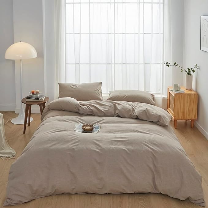 FACE TWO FACE Bedding Duvet Cover Set100% Washed Cotton Duvet Cover Linen Like Textured Breathable Durable Soft Comfy (Queen, Khaki)