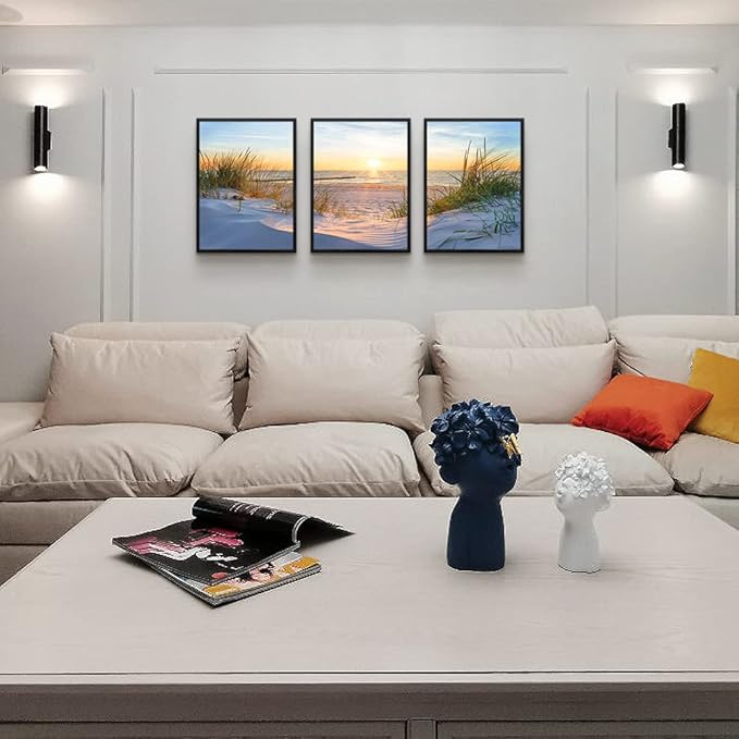 Black Framed Beach Wall Art Set - Blue Seascape Paintings for Living Room, Bedroom & Office - 12"X16" Each