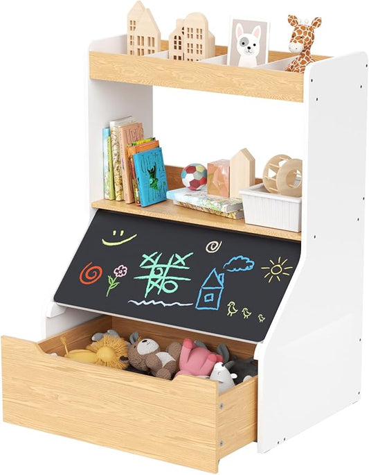 KORIMEFA 37.4" Tall Toy Box & Chalkboard Lid Wood Toddler Bookcase and Kid Toy Storage Bin & Organizer, White