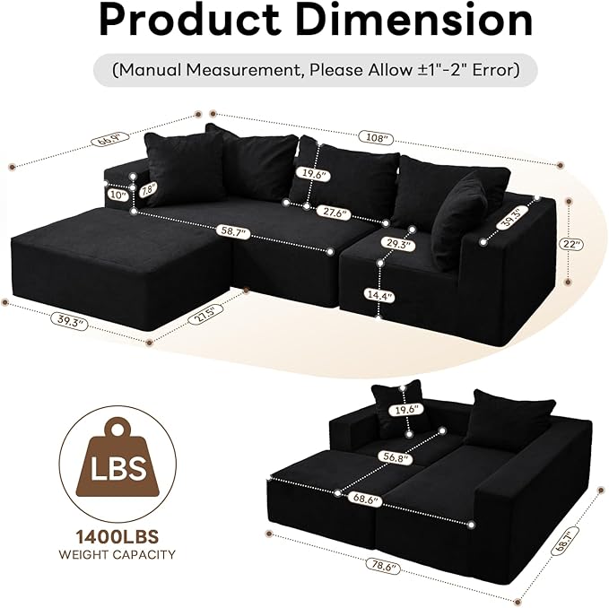 Vamcheer Modular Sectional Sofa - Modern L Shaped Boneless Couch with Deep Seat, Upholstered Sectional Couches for Living Room, Bedroom, Office, No Assembly Required, Black