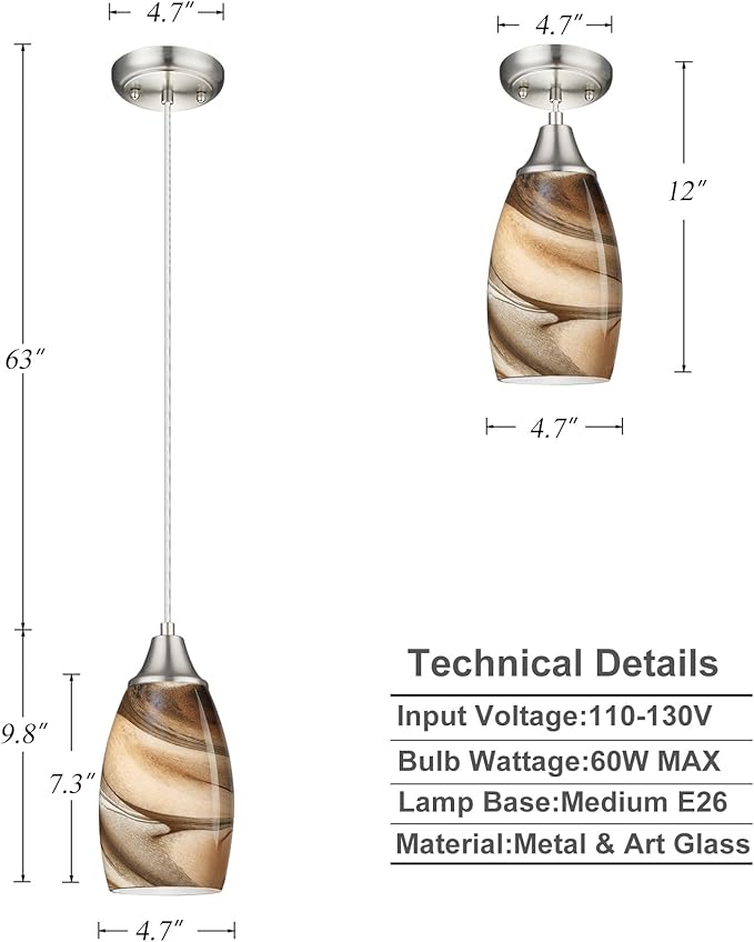 Mini Pendant Lights Kitchen Island Light Brown Glass Lamp Shade Hand Blown Glass Pendant Light with Brush Nickel Finish Adjustable Cord for Kitchen Over Sink, Dining Room (Light Brown-3P)