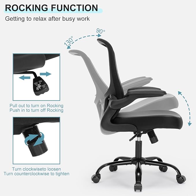 Office Chair, Ergonomic Desk Chair with Flip-up Armrests, PU Leather Computer Chair Home Office Desk Chairs with Lumbar Support, Mesh Swivel Executive Chair Rolling Task Chair, Black