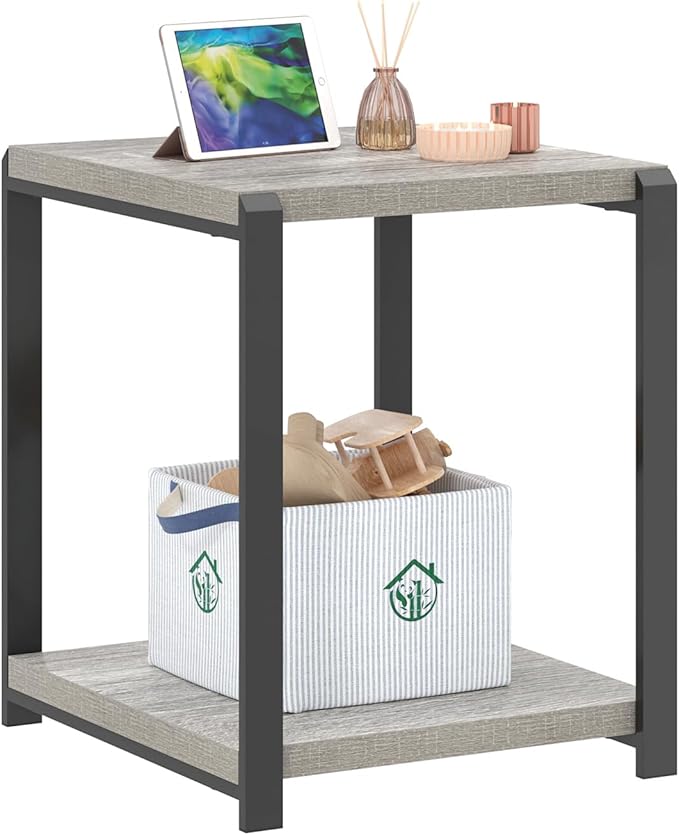 FOLUBAN Modern Side Table, Square End Table with Storage for Living Room Office, Rustic Bedside Table for Bedroom, Small Spaces, Light Grey