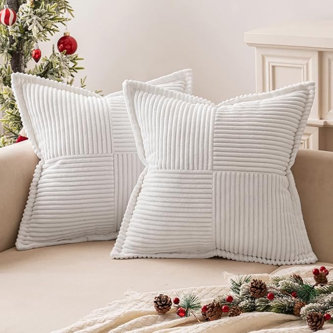 MIULEE Decorative Throw Pillow Covers for Couch Bed Livingroom 16x16 Inch Set of 2 White Boho Accent Throw Pllows Broadside Striped Patchwork Soft Corduroy Pillowcases