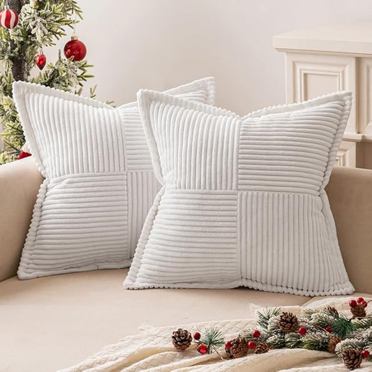 MIULEE Decorative Euro Sham Throw Pillow Covers for Couch Bed Livingroom 24x24 Inch Set of 2 White Boho Accent Throw Pllows Broadside Striped Patchwork Soft Corduroy Pillowcases