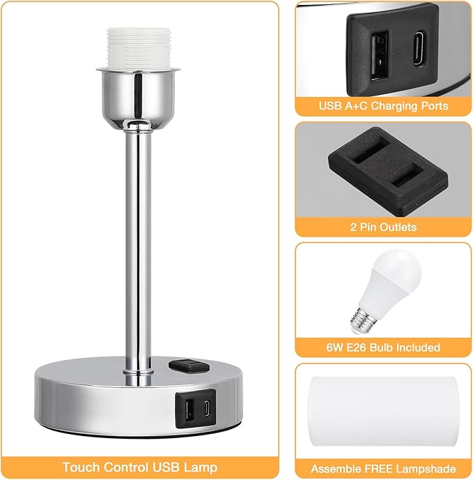 17.4Inch Bedside Touch Table Lamps for Bedroom - Tall Nightstand Lamp with USB-C USB-A Charging Ports White - 3 Way Dimmable Small Desk Lamp for Office, Dorm Room, Living Room, Reading