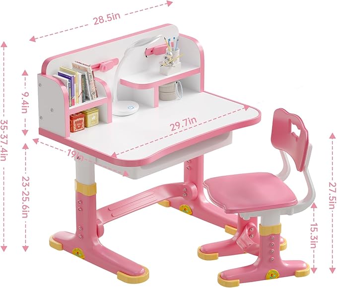 Kids Desk and Chair Set, Height Adjustable Child's School Study Writing Tables, Kids Desk with Bookstand and Storage Drawer, Widened Desktop with Desktop for Boys and Girls