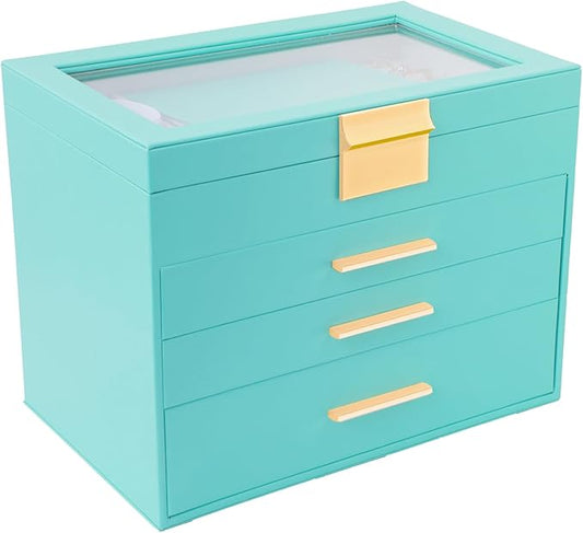 BOOVO Jewelry Boxes for Women, White and Black 4 Layer Glass Lids Jewelry Box for Necklace, Bracelet, Earrings, Rings Storage, Jewelry holder Organizer for Girls Gift (Turquoise, 4 layer)