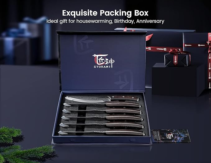 Steak Knives Set of 6, 4.8 Inch High-Carbon Japanese Stainless Steel Non-serrated Steak Knife with Wood Handle, Damascus Pattern Full Tang Design, Razor-Sharp Dinner Knives with Gift Box