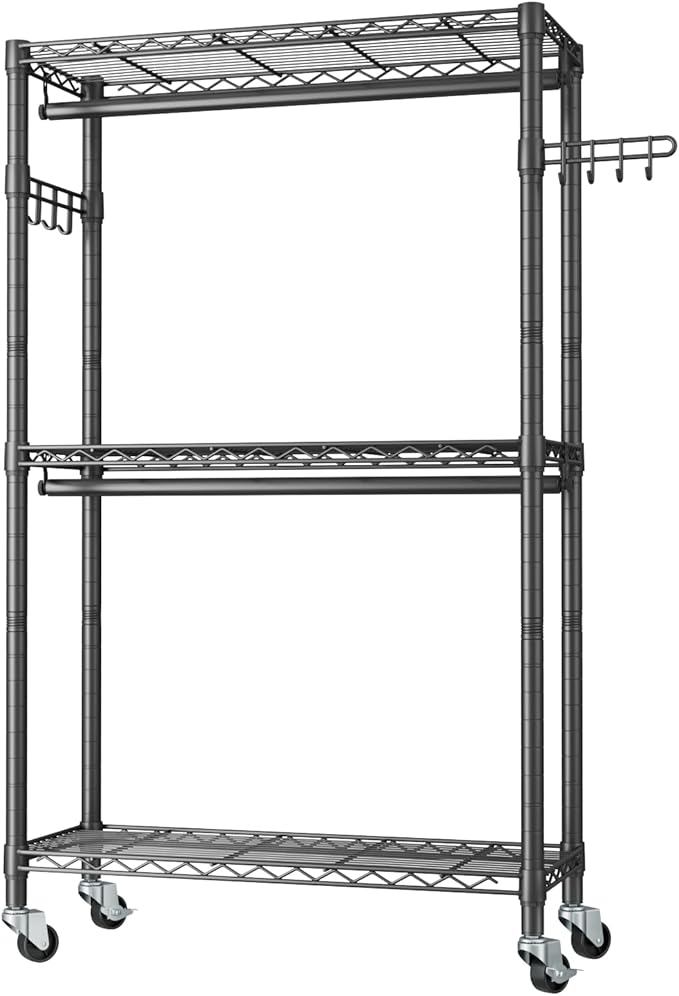 Heavy Duty Clothes Rack Rolling Garment Rack,3 Tier Adjustable Wire Shelving Clothing Racks for Hanging Clothes with Double Rods&Side Hooks,Freestanding Wardrobe Storage Rack Metal Portable Closet