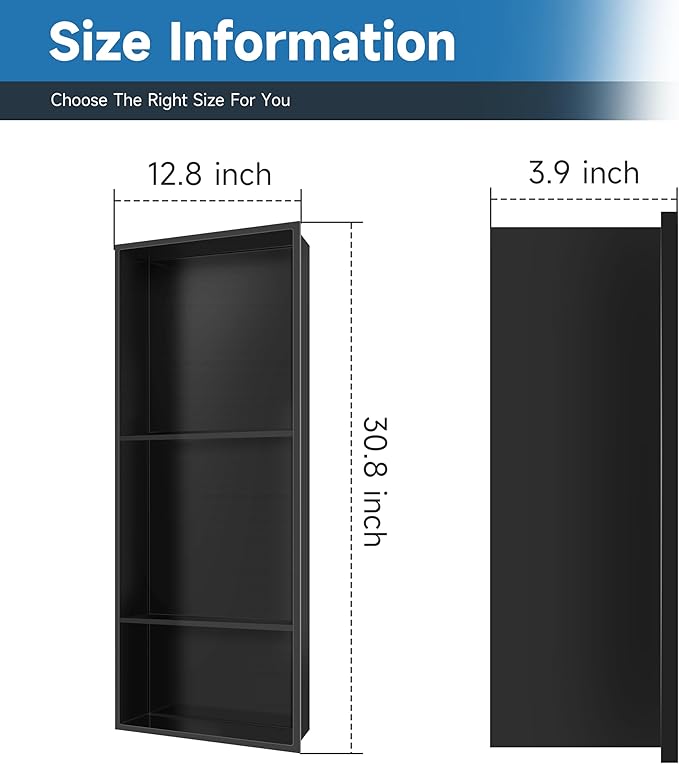 30" X 12" Stainless Steel Shower Niche Insert Tile Ready, Niche for Shower Wall, 3-Tier Recessed Shelves No Tile Needed for Bathroom Storage, Matte Black