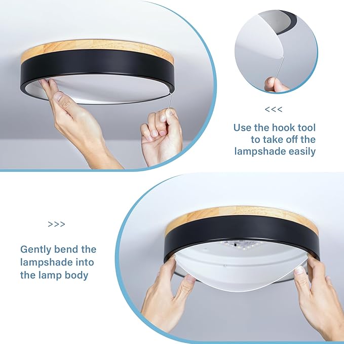 Dimmable Wood LED Ceiling Light, 5CCT 2700K-6000K Modern Black Flush Mount Ceiling Light, Minimalist Round Close to Ceiling Light Fixture for Living Room, Bedroom, Kitchen, 15.74in