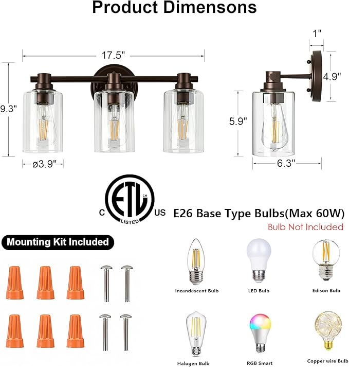 Bathroom Light Fixtures Wall Sconce Light with Clear Glass Oil Rubbed Bronze 3 Lights Bathroom Lighting Over Mirror Vanity Lights for Living Room,Bedroom,Restroom,Hallway E26 Base